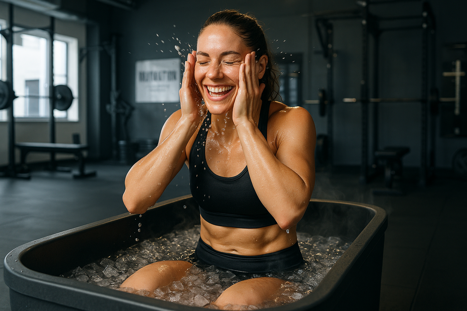 A fit woman sitting in an ice bath with a bright smile, splashing cold water on her face in a modern fitness gym environment